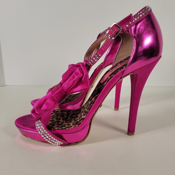 Betsey Johnson Barbiecore Pink Satin Rhinestones Bow Stiletto Shoes Women Sz  7 - Picture 3 of 13